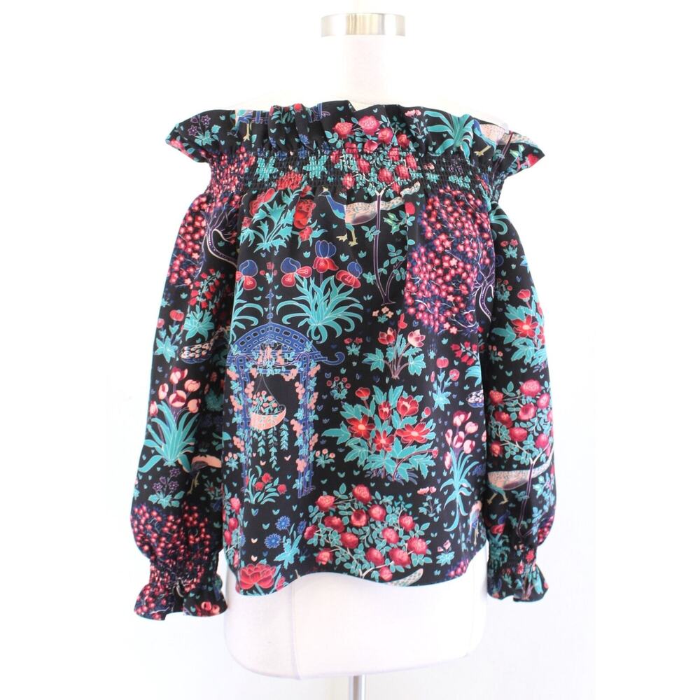 Tuckernuck Marguerite Black Midnight Garden Floral Bird Print Off Shoulder Top S